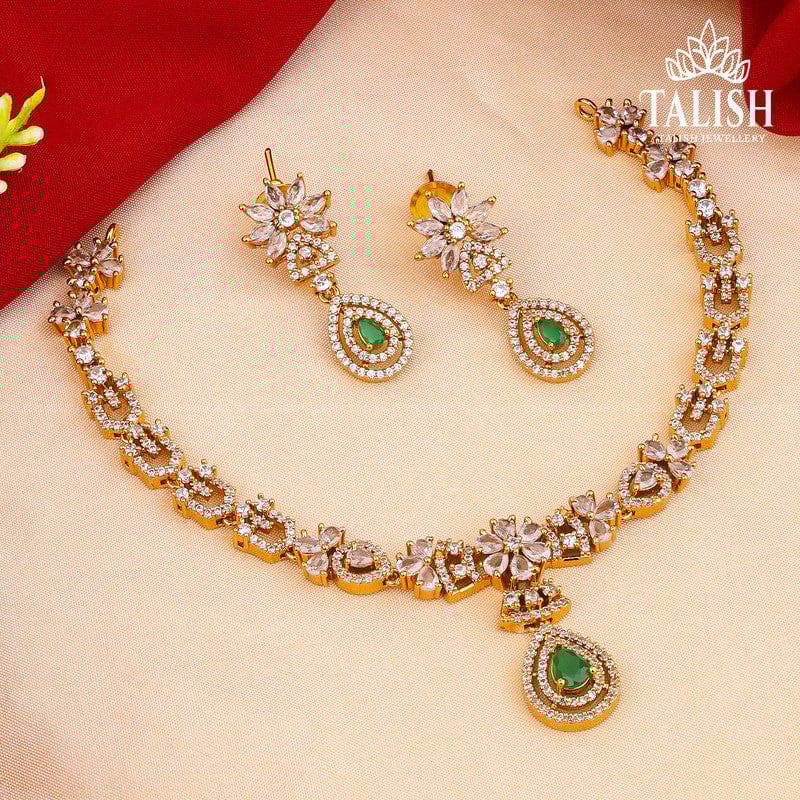 Gold-Plated Floral Necklace Set with Green and White American Diamond Stones