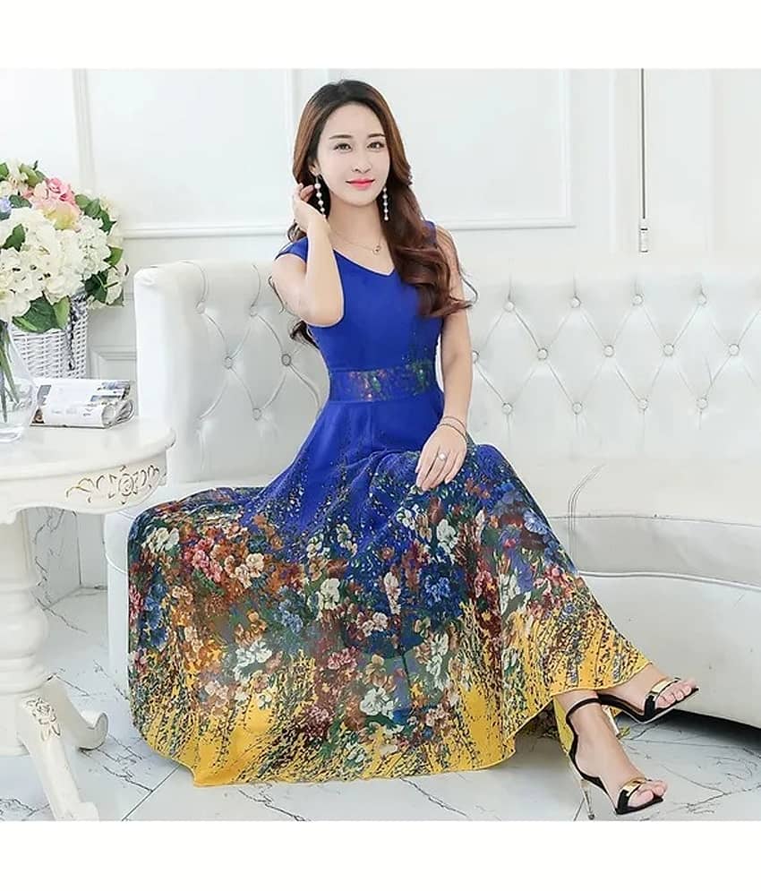 Raabta Fashion Women Georgette Printed Fit & Flare Dress ( Blue )