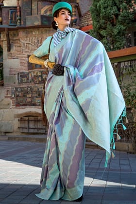 Seraglio Sky Soft Banarasi Silk Saree With Petrichor Blouse