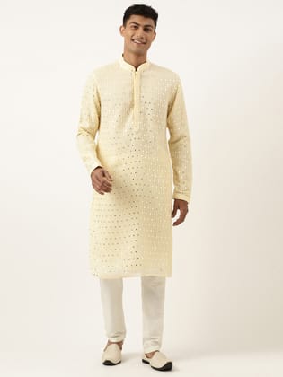 Lemon Yellow Mirror Embroidered Kurta Set-S/38 / Only Kurta - No Lowers