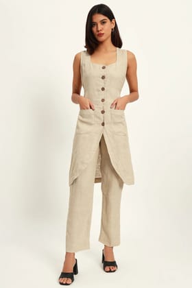 Tailored Vest Kurta Pant Set, Beige-XS