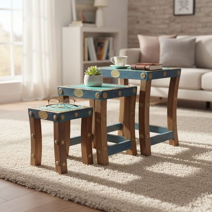 Wooden Sitting Nesting Stool Setof3, Home Decor Handicraft Chairs Stool