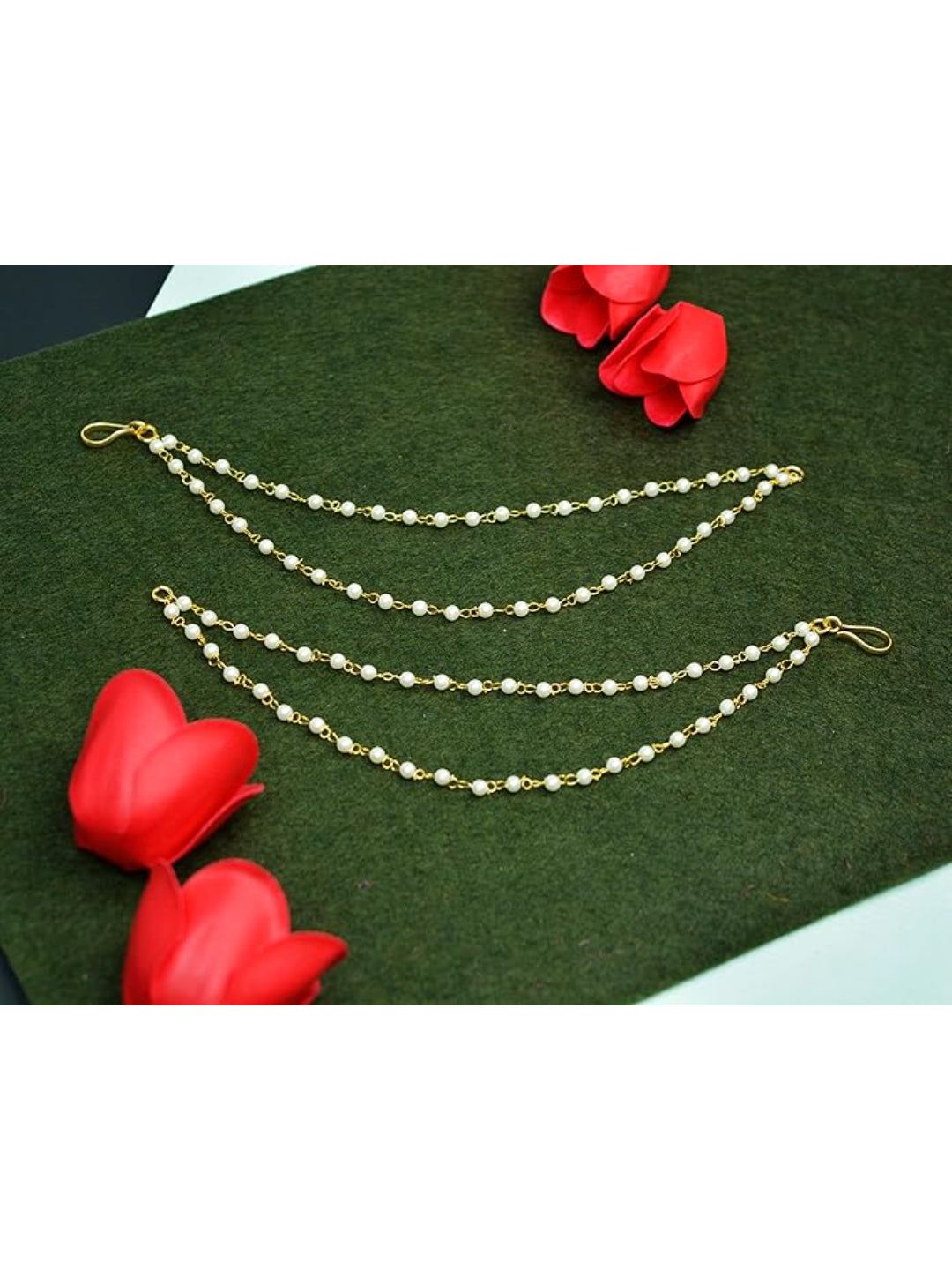 NVR Pearl Studded Classic Gold-Plated 2 Line Ear Chain Ear Cuff-Onesize / Gold / Brass