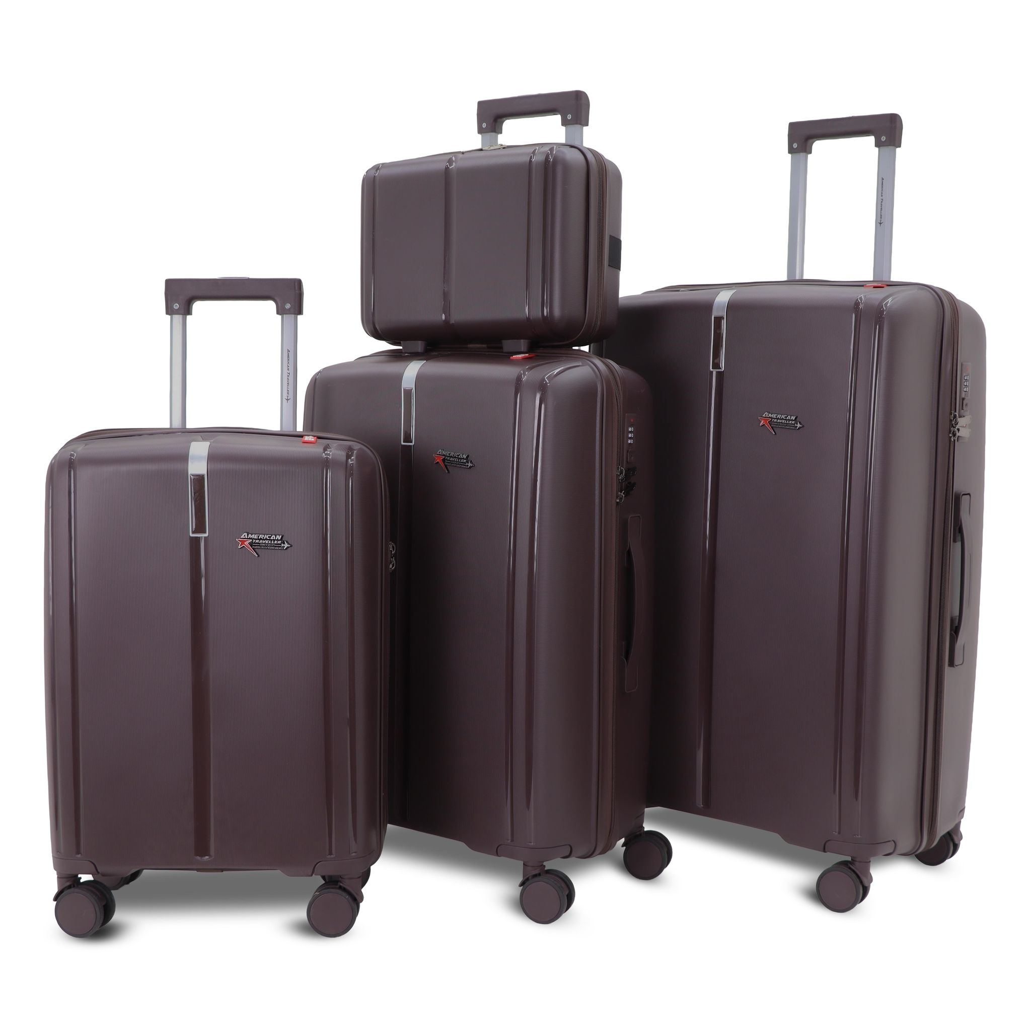 AMERICAN TRAVELLER Tokyo Polypropylene 4-Piece Luggage Trolley Bag Set | TSA-Type Lock, 360 Spinner Wheels, Durable Hard Shell Suitcase for Travel (4, Brown, Mini,Small,Medium,Large)