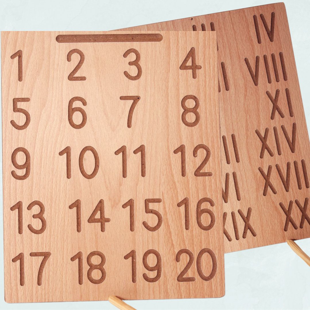 TOYJOS Wooden Counting and Roman Numbers Tracing Board With Stylus Pen | Kids Educational Double-Sided Maths Practice Board Toys | Reversible Montessori Learning Writing Slate for Boys, Girls (Age 2+)