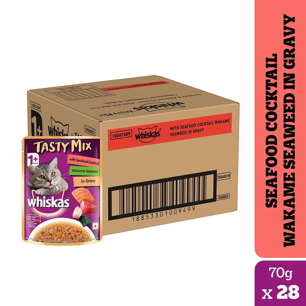 Whiskas Tasty Mix Seafood Cocktail Wakame Seaweed Adult (1+ Years) Wet Cat Food (70gx28)
