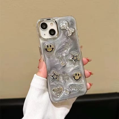 3D Gray Smile Star Bow Studded Bumper Border iPhone Soft Case-iPhone 14 Pro
