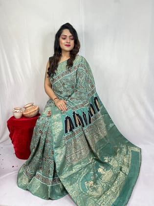 Dola Silk Original Handblocked  Ajrakh work Saree-1