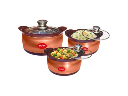 BALTRA Set of 3 Crown 1000+1500+2000ml Stainless Steel Serving Casserole Set Hot Pot Chapati Box