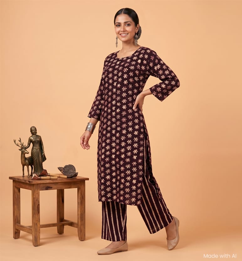 Handcrafted Batik Printed Cotton Kurta Palazzo Set