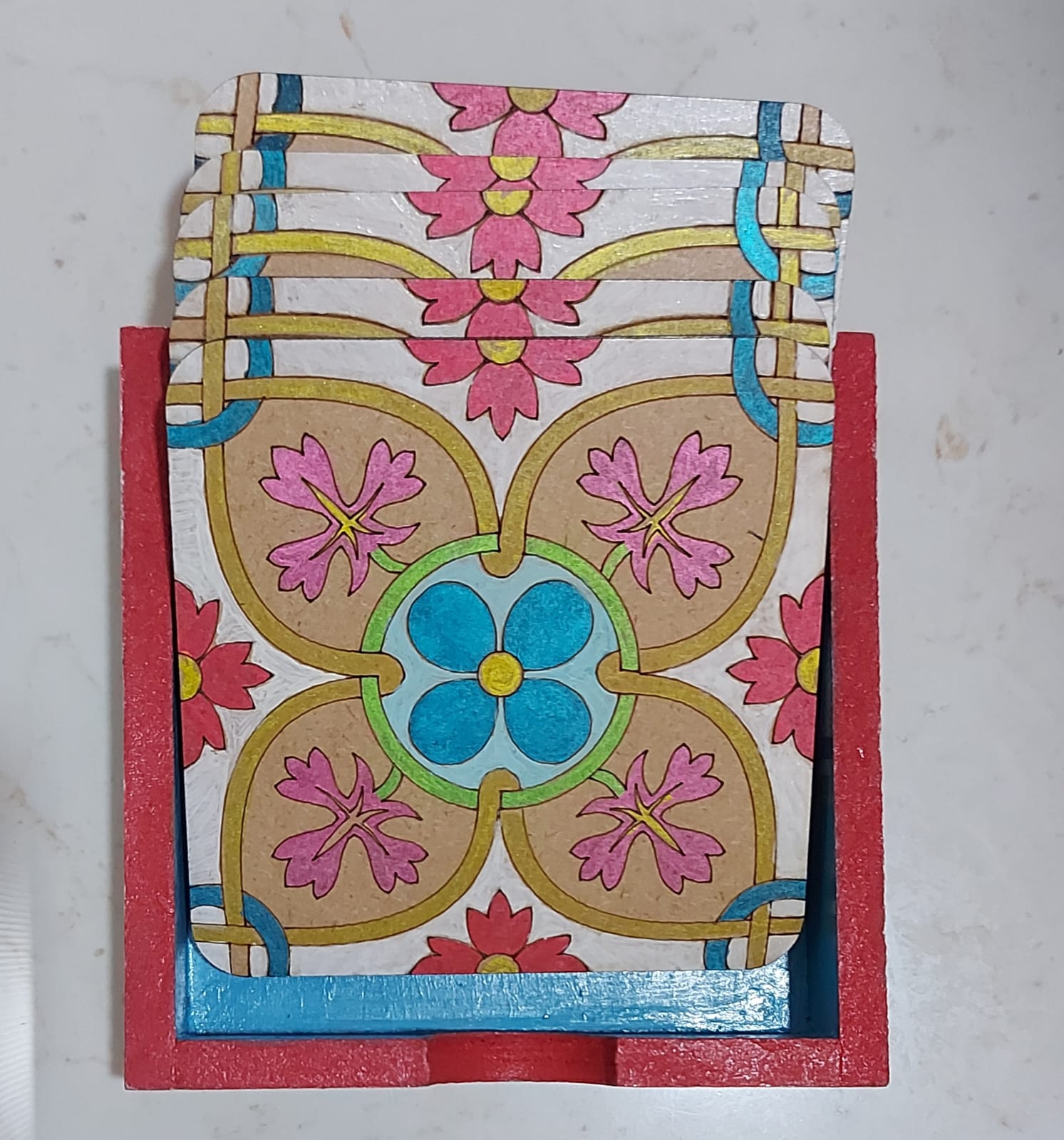 Kalakrishta Handpainted Multicolor Floral Deasign Coaster Set of 6 with Holder