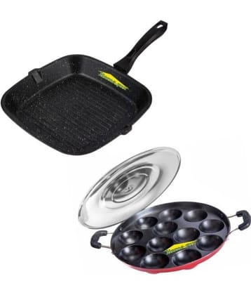 HomePro Non-Stick Set, Grill Pan 26 cm, Red Appam Patra with Steel Lid 12 Cavity (Pack of 2)