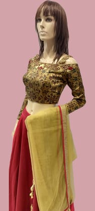 Woman's Decent Cholee Suit with Off Shoulder Full Sleeves Blouse-1114 / Red / F