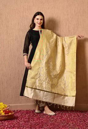 Cream Gold Silk Banarasi Dupatta-FS / Cream