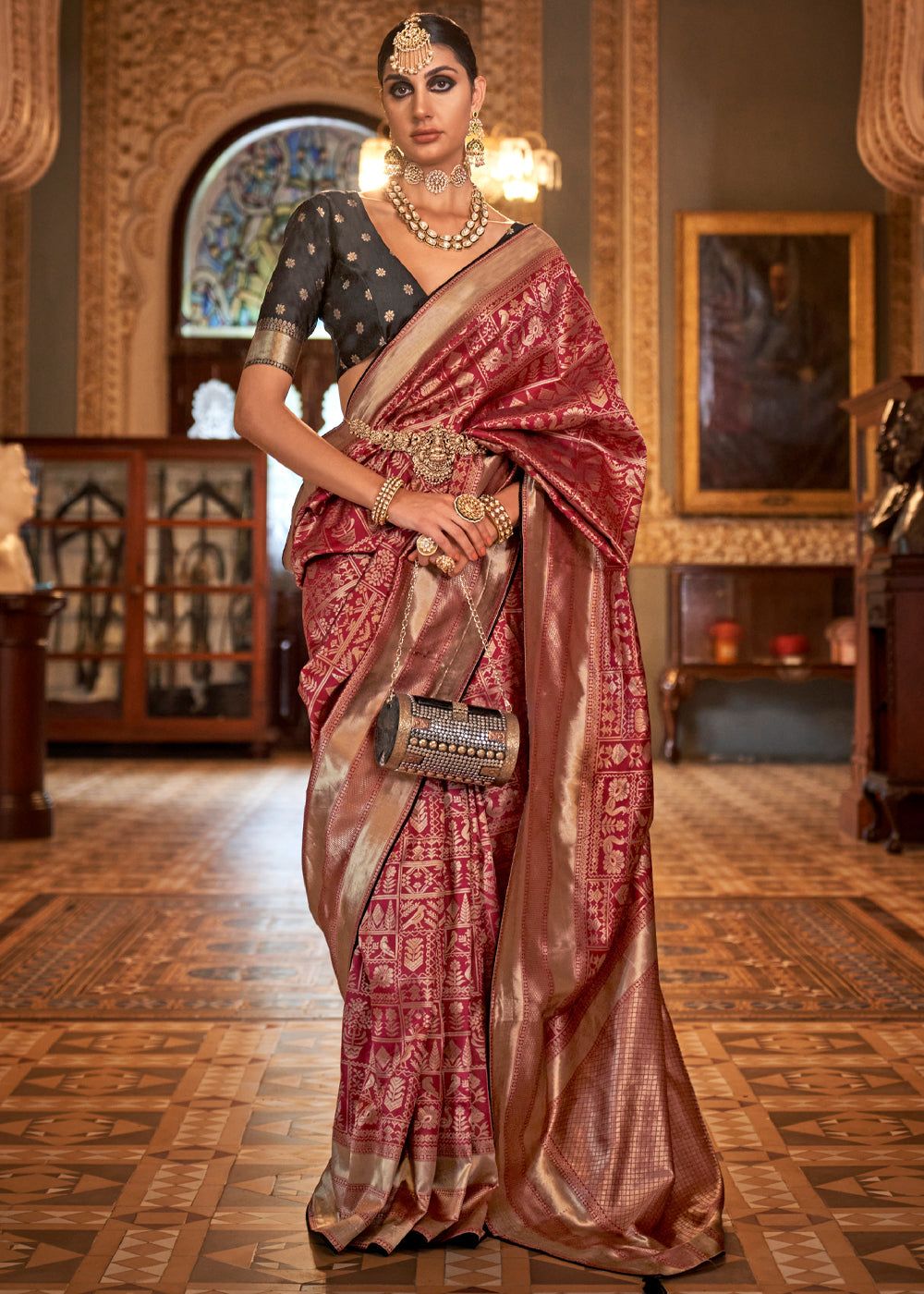 Maroon Red Woven Banarasi Soft Silk Saree
