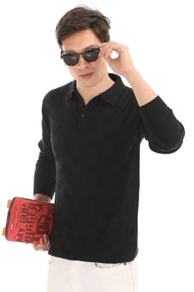 Black Jacquard Knit Polo Full Sleeve-XXL