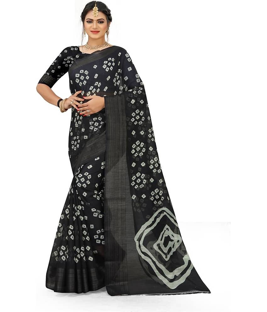 Grustaker Cotton Printed Saree With Unstitched Blouse Piece ( Black )