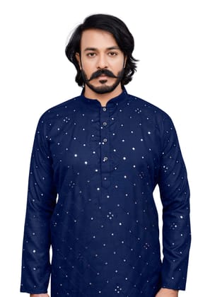 Navi Blue Men's Designer Kurta Mirror Embroidery worked (Only Kurta)-S