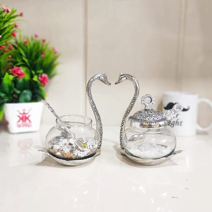 Dreamkraft Metal Kissing Swan (Duck) Glass Bowl with Spoon for Saunf Supari Tray, Dry Fruit and Candy, Mukhwas Traditional Serving Bowl Set (Silver - 12 x 9 x 15 cm)