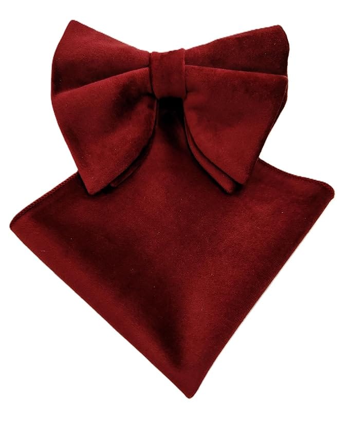 VOICI Men's Velvet & Satin oversized Bow & Pocket Square Tie Black Color Free Size best for Tuxido dinner jackets - Red Velvet