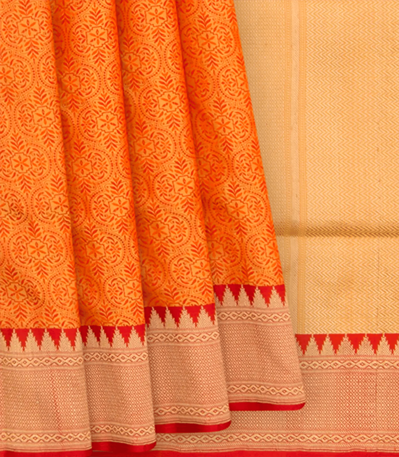 Orange Handwoven Benares Silk Saree With Floral Motifs-Orange