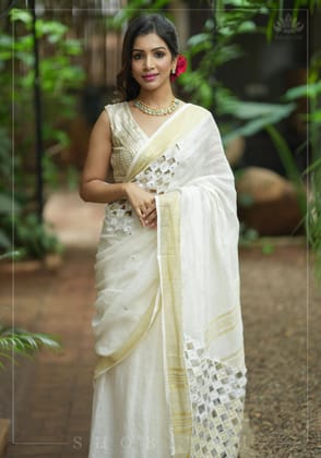 Cutwork and Mirror Work Linen by Line Saree in Chalk White