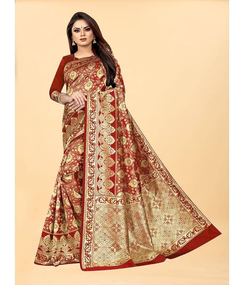 Gazal Fashions Banarasi Silk Embellished Saree With Unstitched Blouse Piece ( Red )