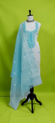Kota Doria Dress Material in Powder Blue with Hand Embroidery