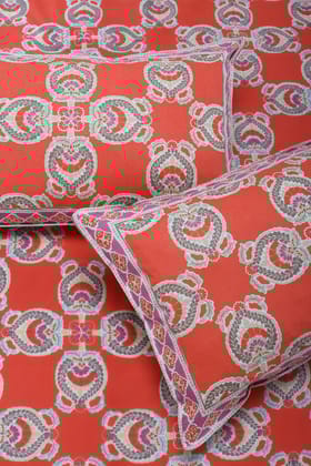 Azia Floral Orange Cotton Bedsheet-California King - 108 x 108 in / Orange / Orange
