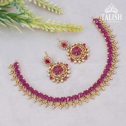 Elegant Gold-Plated Ruby Necklace and Earring Set