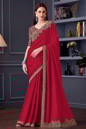 Ruby Red Embroidered Chiffon Saree
