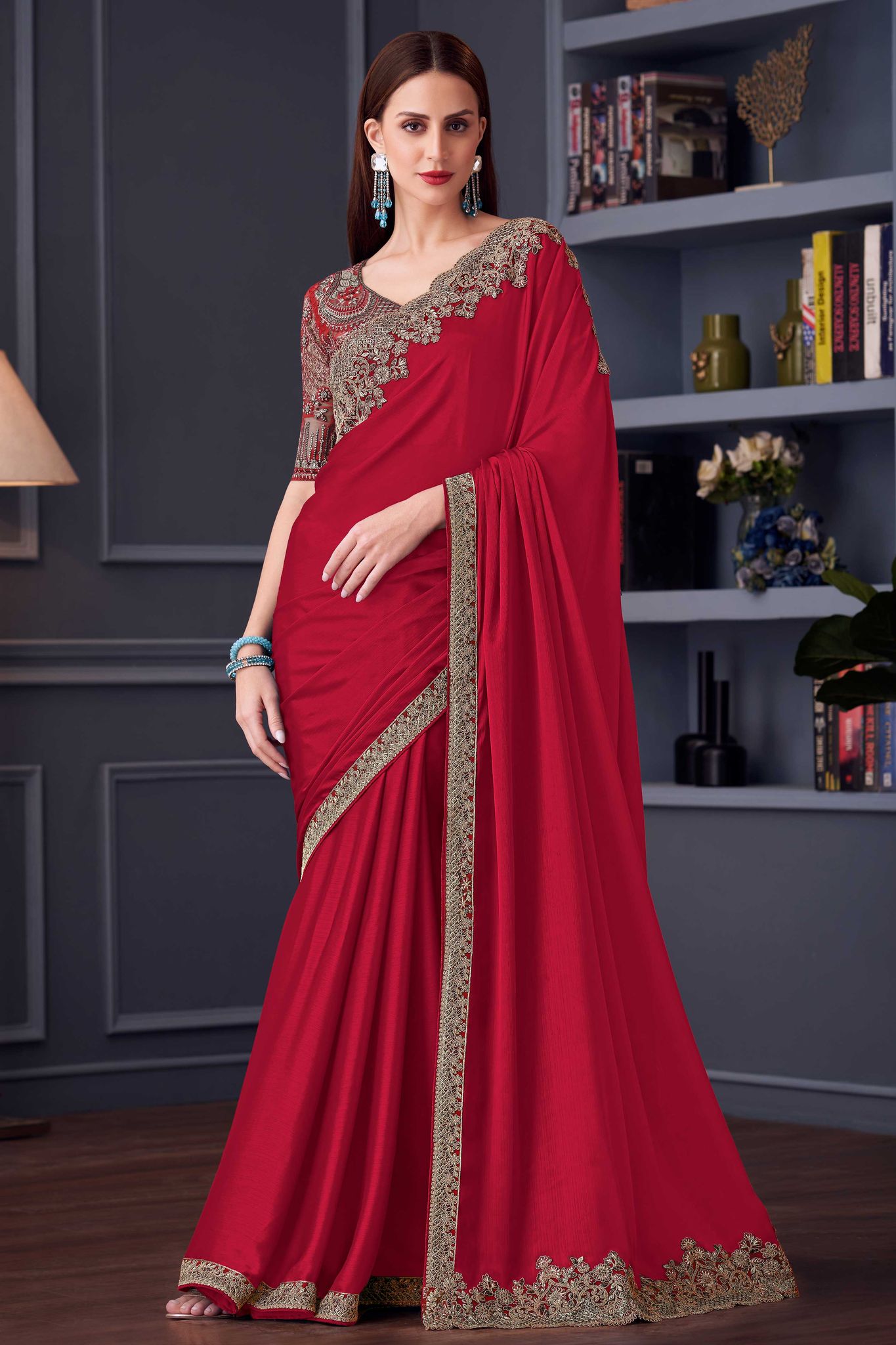 Ruby Red Embroidered Chiffon Saree