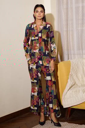 Black Abstract Printed Premium Chanderi Shirt With Trouser Co-ord set-S