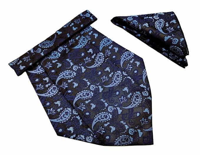 VOICI France Mens Paisley Cravat ascot NeckTie Pocket Square Microfiber Fabric Free Size-Blue & Black