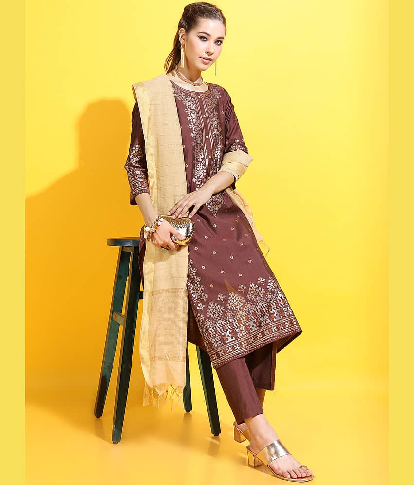 Vishudh Women Viscose Printed Straight Kurti With Pants ( Maroon )