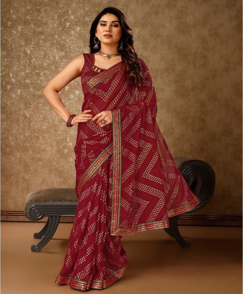 Women's Zomto Zig Zag Saree with Unstitched Blouse (Maroon, 5-6 Mtrs)