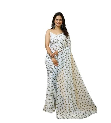 Women's Georgette Printed Saree With Unstitched Blouse 5.5Mtr (White-Grey)-PID63032 Women's Georgette Printed Saree With Unstitched Blouse 5.5Mtr (White-Grey)-PID63032