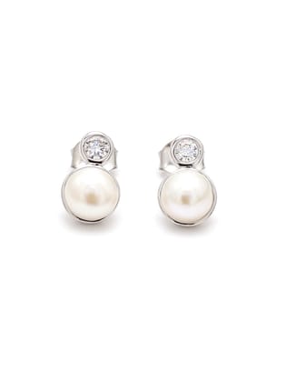 Real Freshwater Pearl And Diamond Stud Earring In 925 Silver