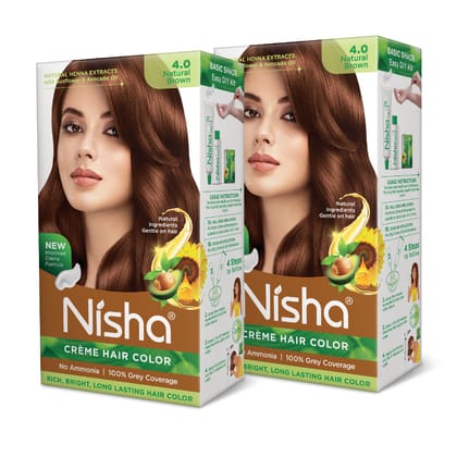 Nisha Creme Hair Color 4.0 Natural Brown 120g Pack of 2, Permanent Hair Colour, No Ammonia, 100% Grey Coverage