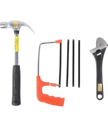 GLOBUS STEEL HAND TOOL SET/3 PCS ( 1/2 LBS HAMMER, 6" HACKSAW RED PVC HANDLE +3 BLADES AND 8" ADJUSTABLE WRENCH, BLACK )