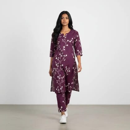 Mangalagiri Cotton Kurti and Pant Set in Mauve Purple, Screen Print