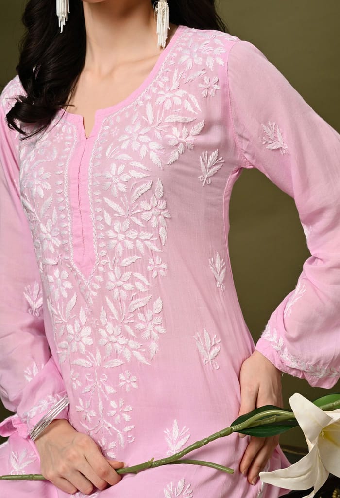 Pure Modal Heavy Bota Pattern hand embroidered Chikankari Kurta Set -Baby Pink