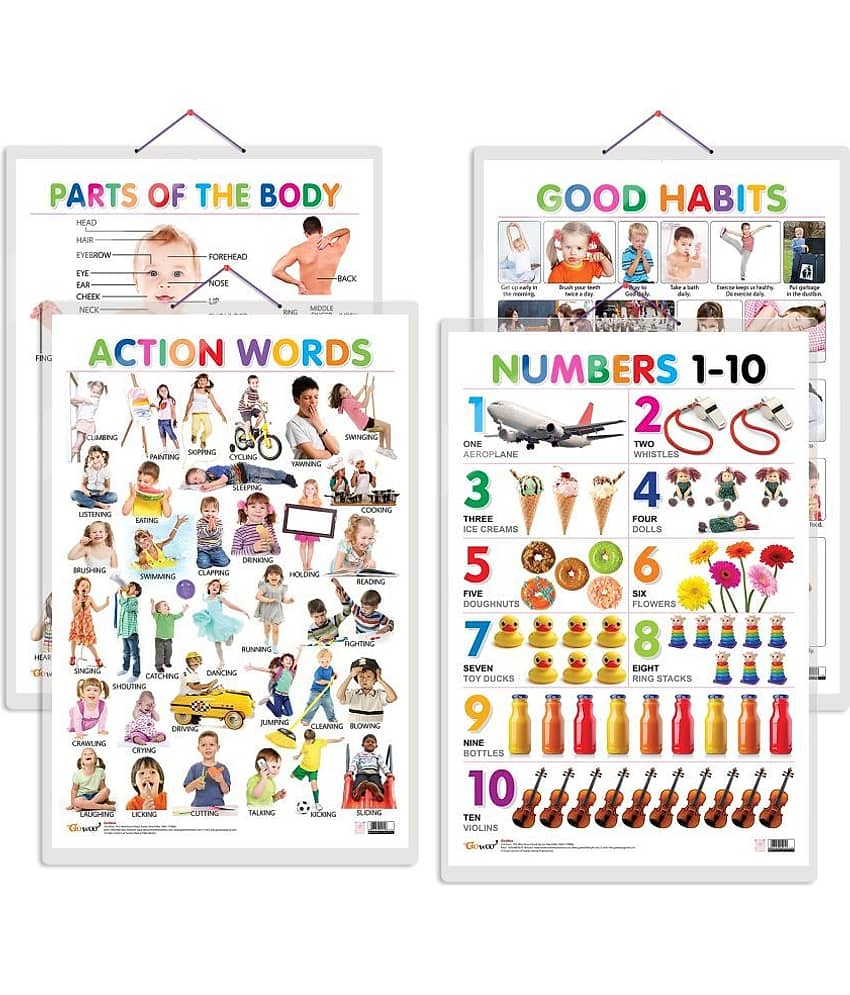 Set of 4 Parts of the Body, Good Habits, Action Words and Numbers 1-10 Early Learning Educational Charts for Kids | 20"X30" inch |Non-Tearable and Waterproof | Double Sided Laminated | Perfect for Homeschooling, Kindergarten and Nursery Students