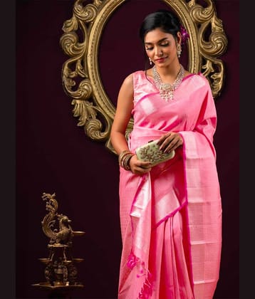 BLEESBURY Banarasi Silk Woven Saree With Unstitched Blouse Piece ( Pink )