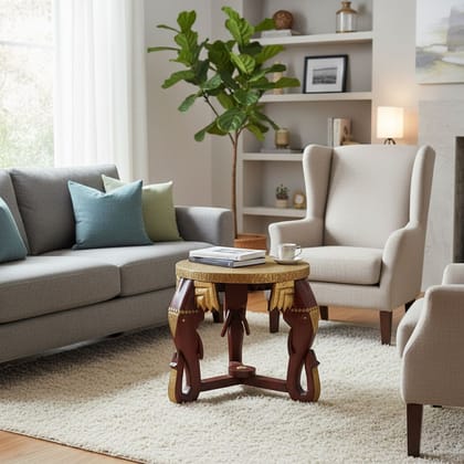 VMAntique Decor Handicraft Drawing-Room Elephant Coffee-Table,Brass-Embossed Wooden Lamp-Table Cum Party-Table,Home Living Furniture Bedside-Table