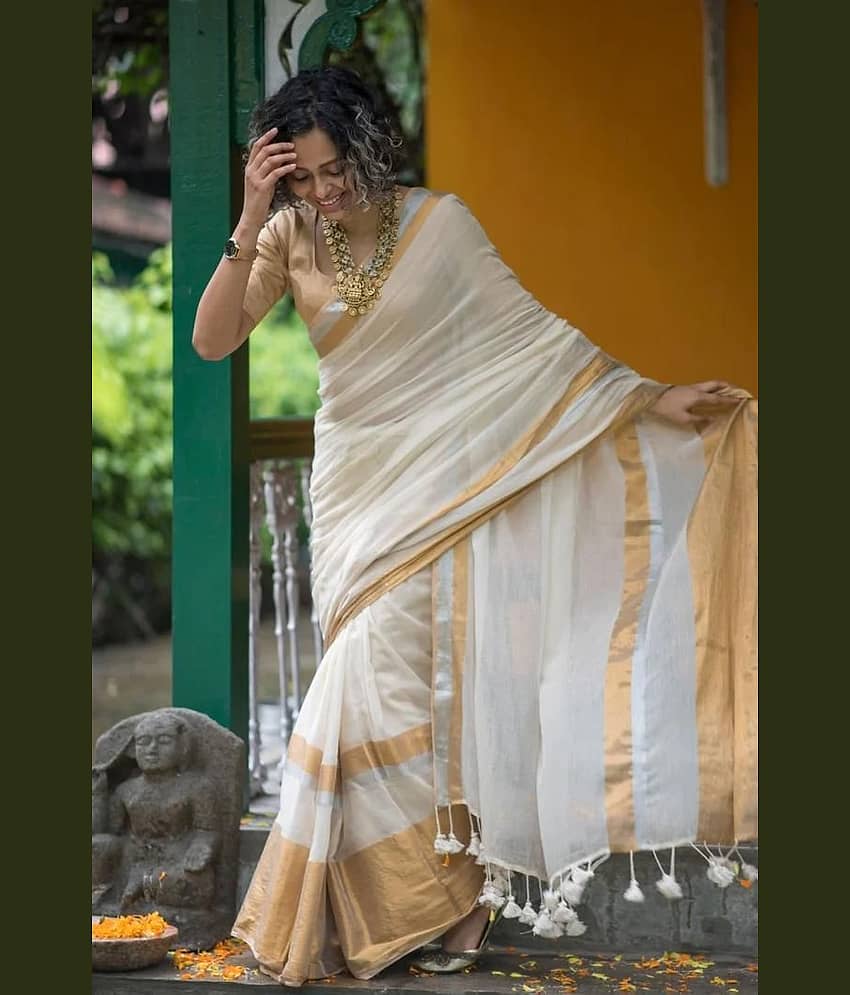 SARADA HANDLOOM Cotton Silk Striped Saree With Unstitched Blouse Piece ( White )