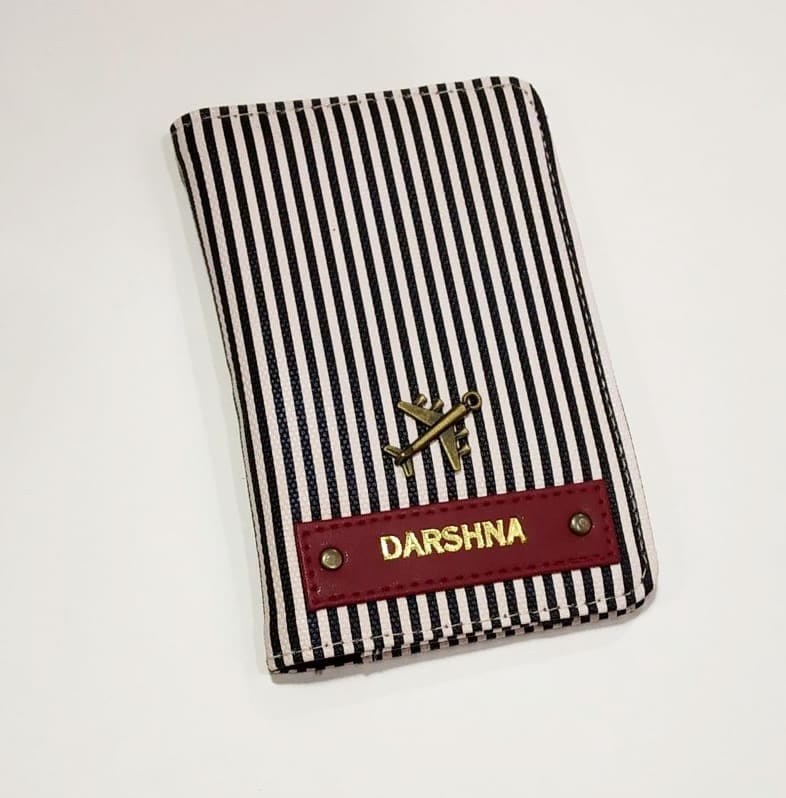 Stripe Passport Cover With Customized Name And One Charm Option.-black