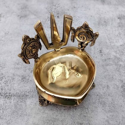 Brass Shank Chakra Nama Diya - 5.8 inch Height | Sacred Brass Diya with Shankh and Chakra Design