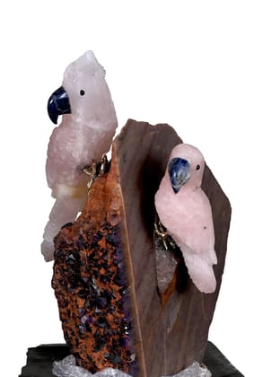 Gems Stone Rose Quartz Amethyst Parrots Family Figurine