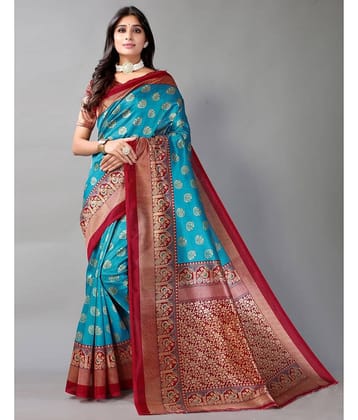 Kanooda Prints Art Silk Printed Saree With Unstitched Blouse Piece ( Teal )